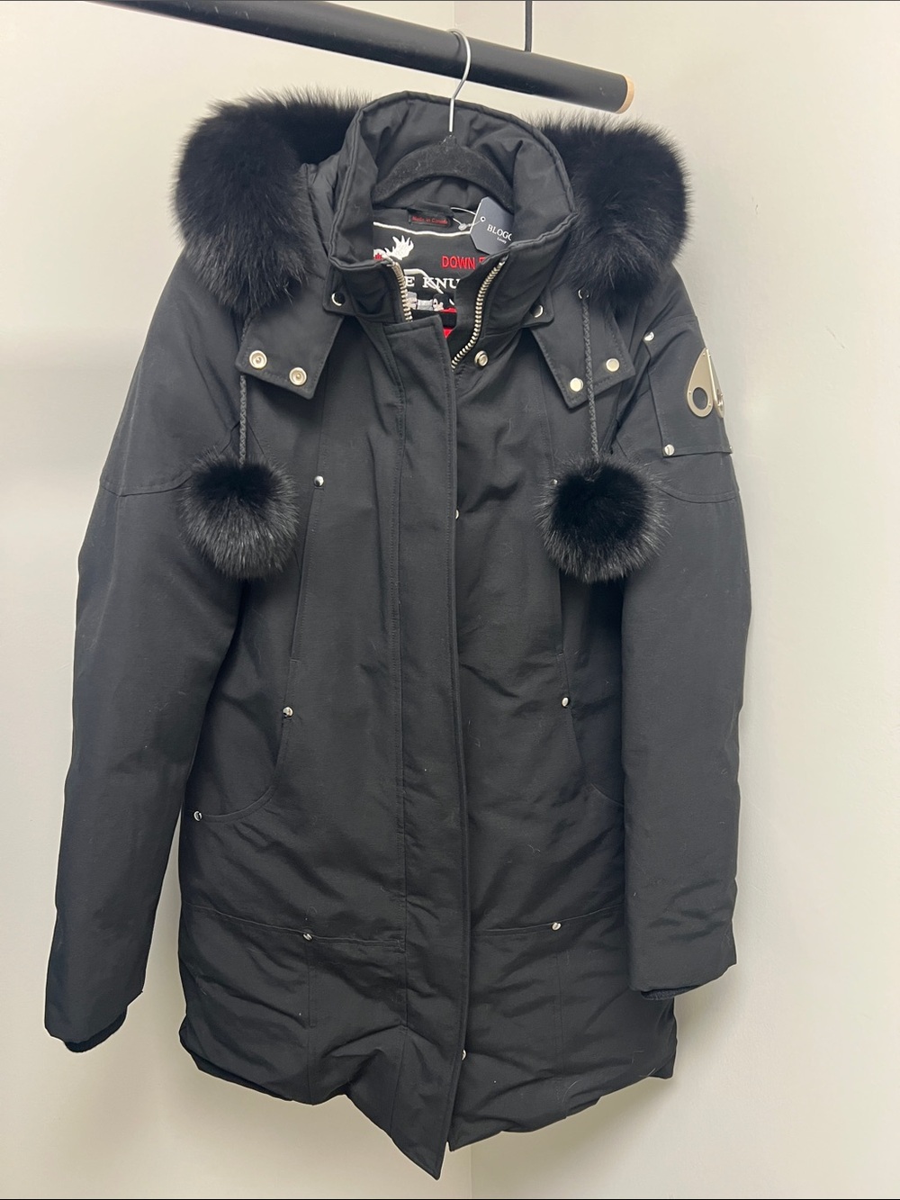 Moose Knuckles Black Fur-Trim Puffer Parka with Pom Tassels